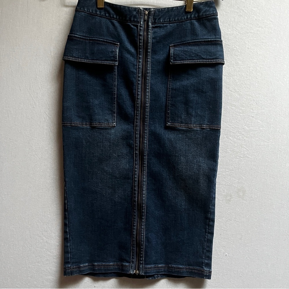 Bora Aksu Dark Wash Denim Cargo Pencil Midi Skirt Size 28